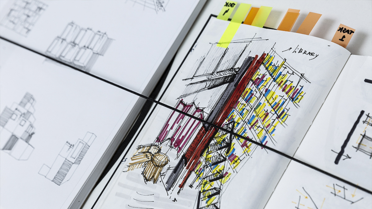 Colourful sketches of buildings on a piece of paper