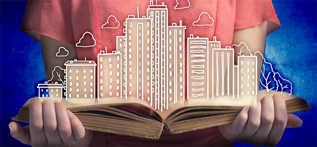 Graphic of an open book with illustrated buildings popping out of it 