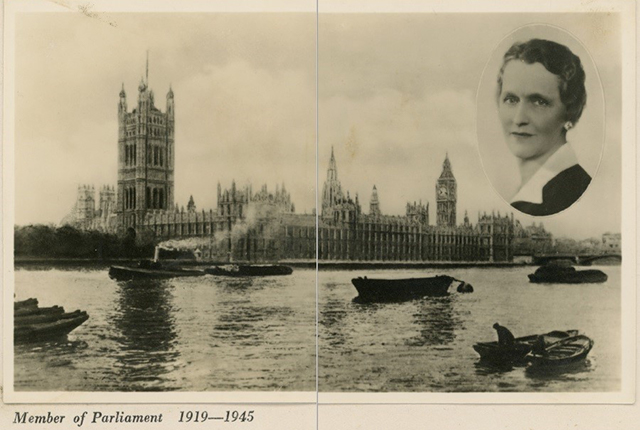 Card depicting Nancy Astor MP juxtaposed with Parliament 
