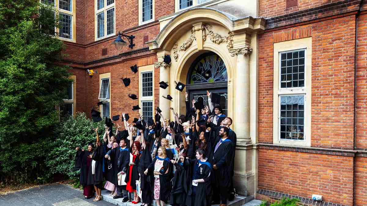 Group of graduating students throwing their caps in the air