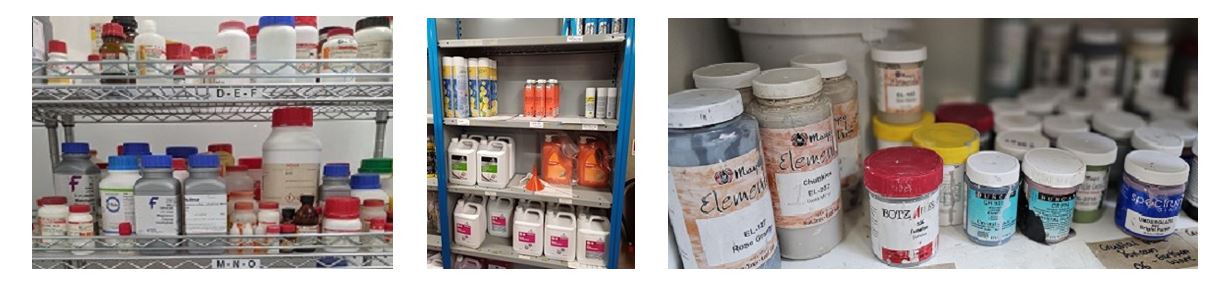 shelves of hazardous substances, paints, glazes, chemicals