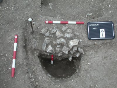 One of the post holes which has been half-sectioned