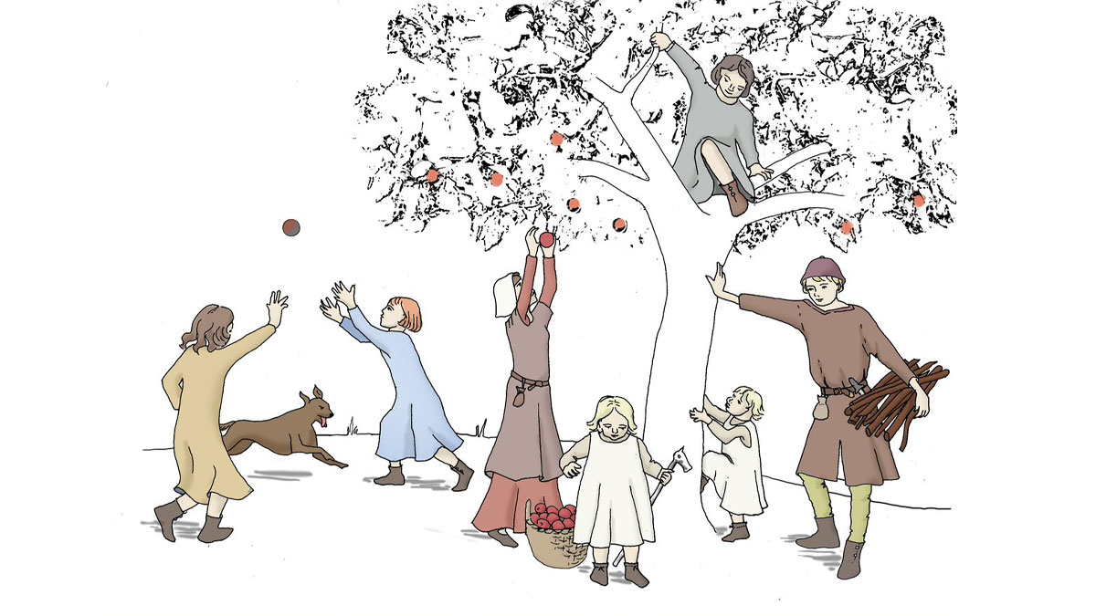 Animated picture of family picking fruits