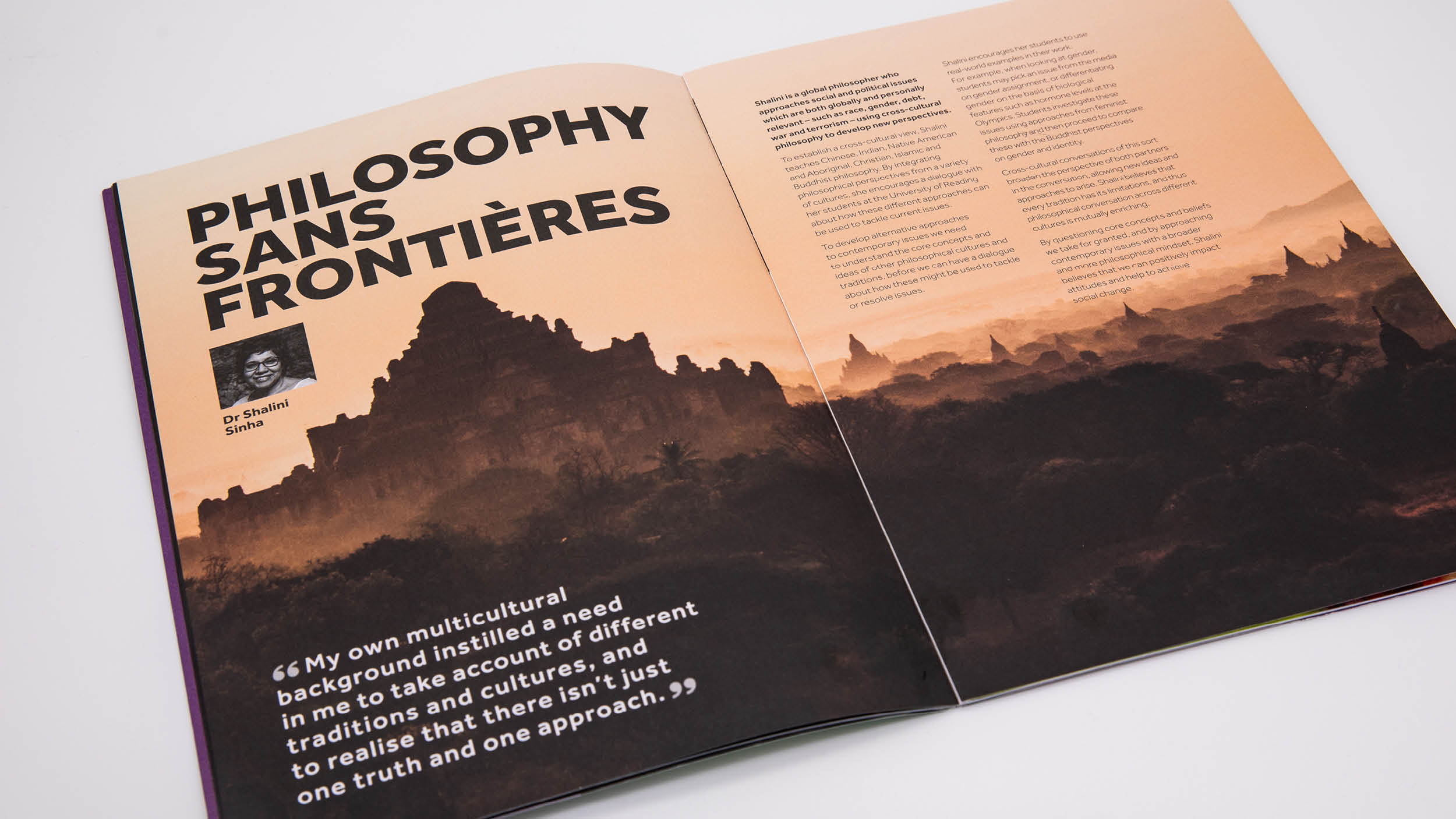 Spread from Philosophy subject brochure featuring an image in orange-brown hues and the title Philosophy Sans Frontieres