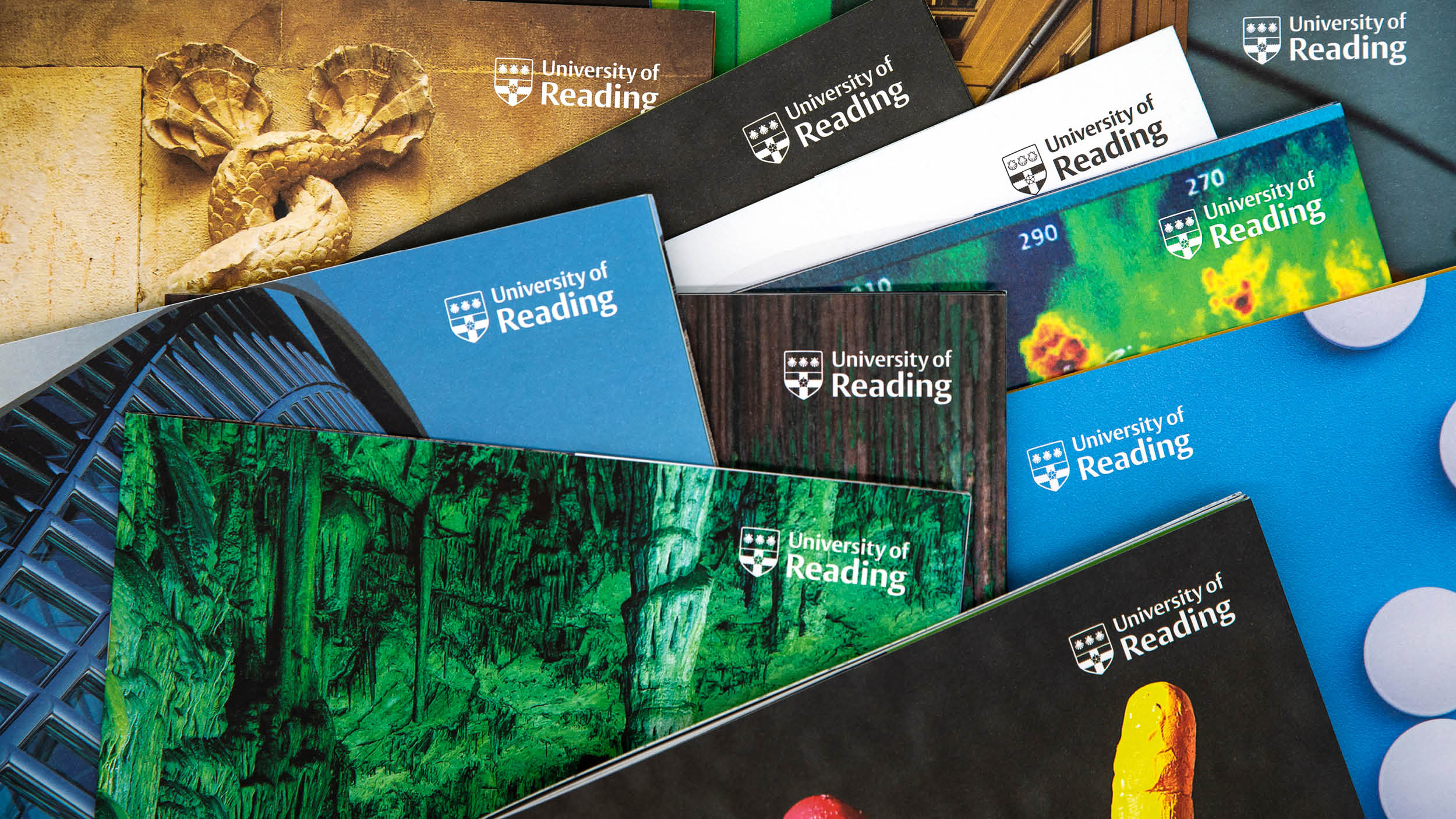 University of Reading logo shown on a variety of subject brochures