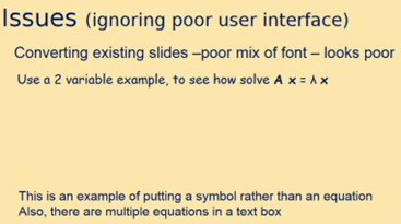 Image shows the conversion of PowerPoint by Blackboard Ally. The lambda symbol is correctly converted but the mathematical equations are lost in the translation. They are not displayed at all.