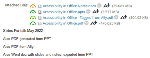 PowerPoint generated notes as a Word document has many accessibility issues. Blackboar ally results for different files uploaded.