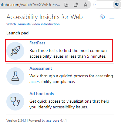 Accessibility Insights menu