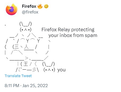 A tweet by Firefox official account using ascii characters to create an image