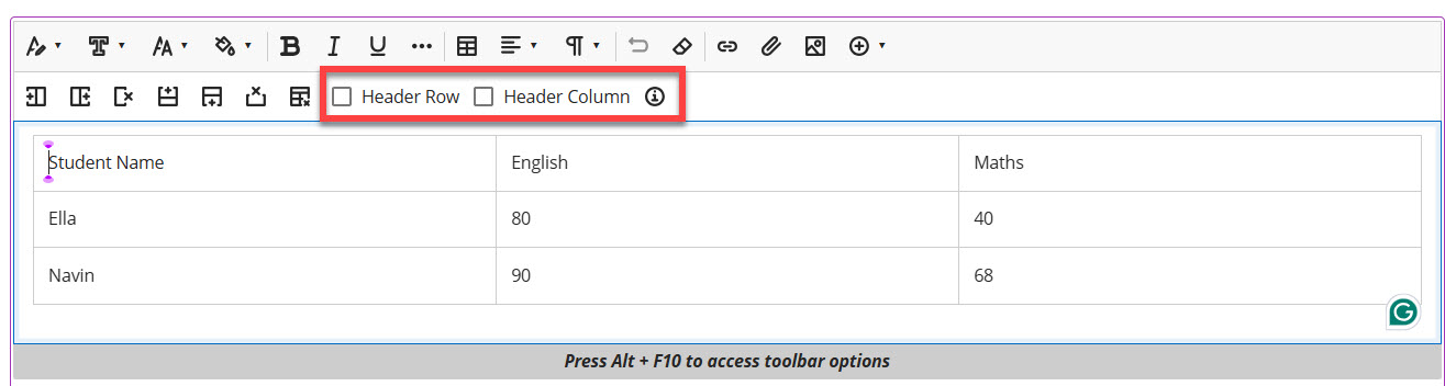 Blackboard Document Table headers