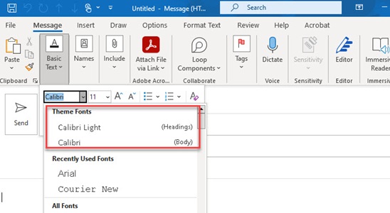 Microsoft Outlook compose email showing heading styles