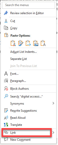 Microsoft Word text right click menu highlighting Link option