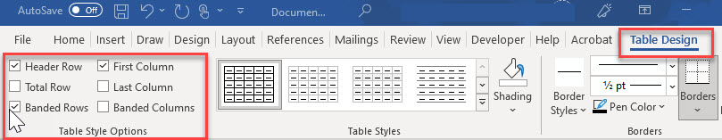 Microsoft Word Table Design tab withTable Style Options