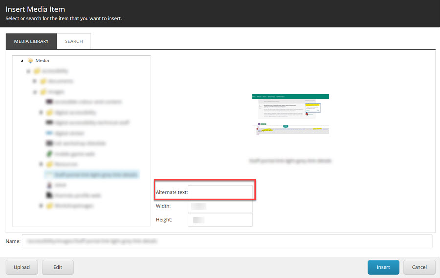 Sitecore media insert dialog alternative text option