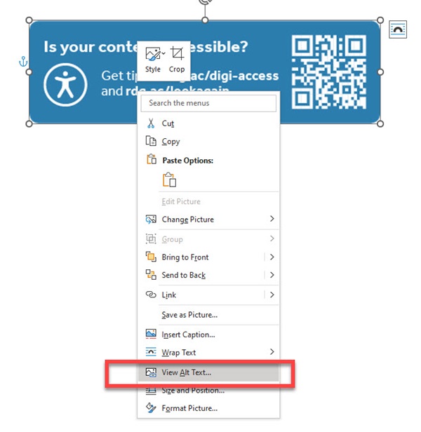 Microsoft office image right click menu showing View Alt Text option