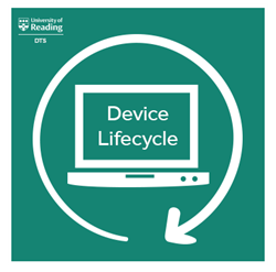 Device lifecycle square logo. Teal green background with a white computer on it with the words device lifecycle on the screen. An arrow circles around the computer to represent the lifecycle. 