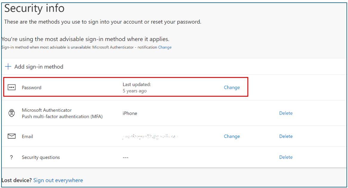 Screenshot of the Security Information page in your Microsoft Account