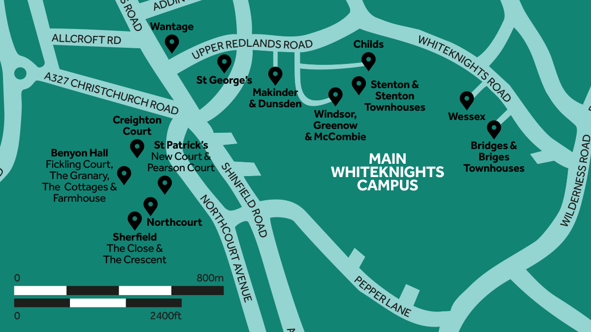 A digital map of the University of Reading's Whiteknights campus, displaying the locations of the halls accommodation.