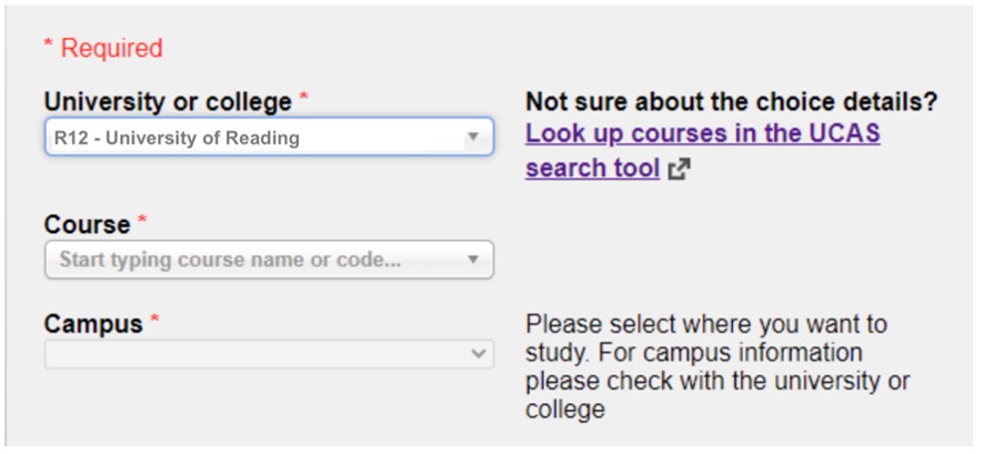 UCAS course and university search box.