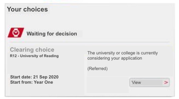 UCAS clearing box, reading: 'waiting for decision'.