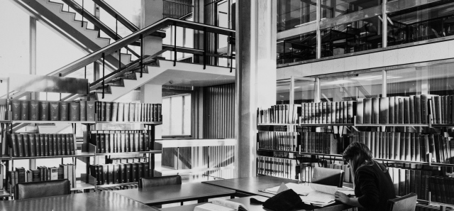 Black and white photograph of the library