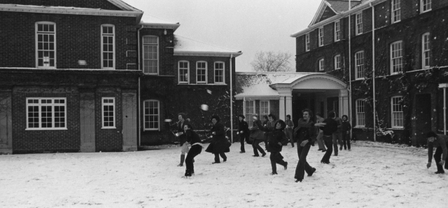 A snowball fight breaks out between students around St Patrick's halls