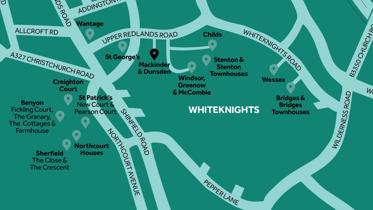 Mackinder Hall and Dunsden Crescent map