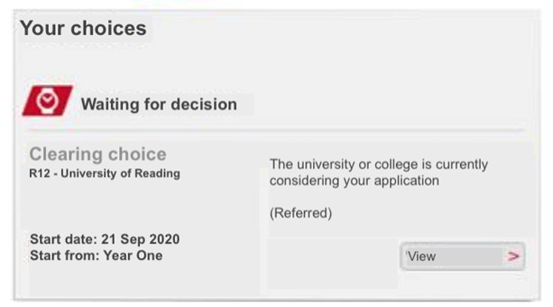 Screen showing a "Waiting for decision" UCAS status.