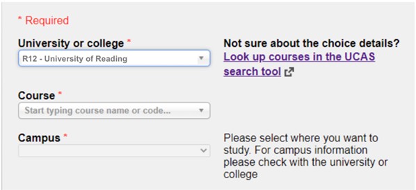 Screen showing the UCAS dropdown menus to choose the course.