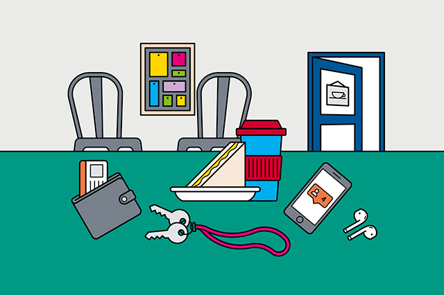 Artistic graphic representation of keys, wallet, phone, food and other essentials