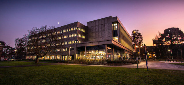 University of Reading library at sunset.