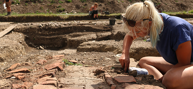 An archaeologist uncovering an ancient hearth