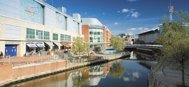 Riverside view of the Oracle shopping centre in Reading