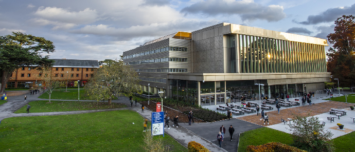 Wide shot of the library building on campus.