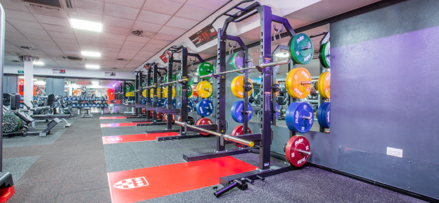 A row of weight racks in a gym. 