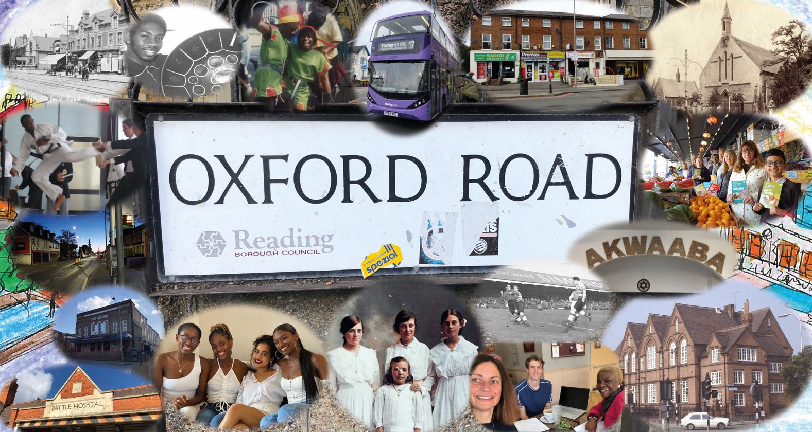 Composite image of people and landmarks in Oxford Road, Reading.