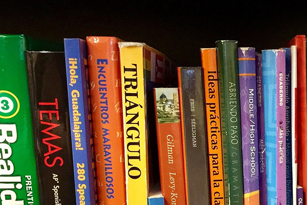 A series of books in various languages on a bookshelf