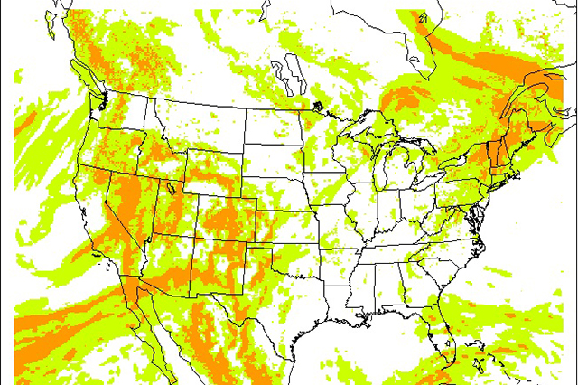 Meteorological map showing areas of turbulence over North America