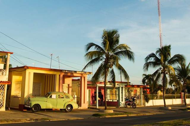 Cuban street with houses and palm trees