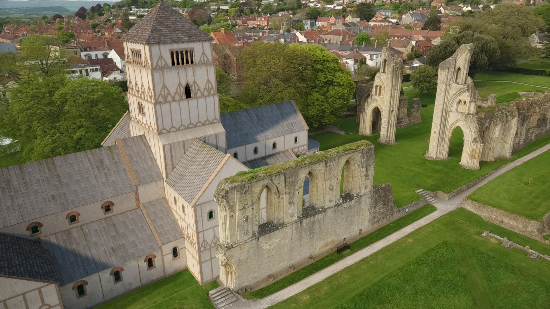 A virtual reconstruction of Glastonbury Abbey in the Anglo Saxon period based on research at the University of Reading