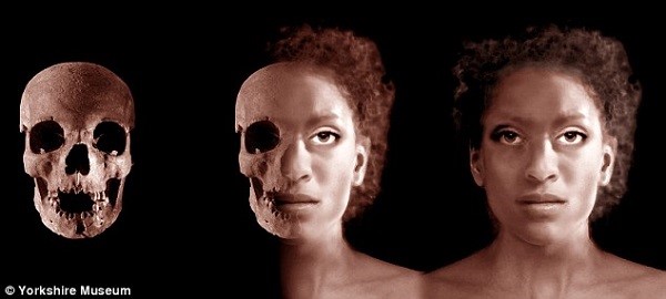 An image of a skull and a woman's face. Research on skeletons and finds has shown that Roman Britain was more ethnically diverse than previously thought.