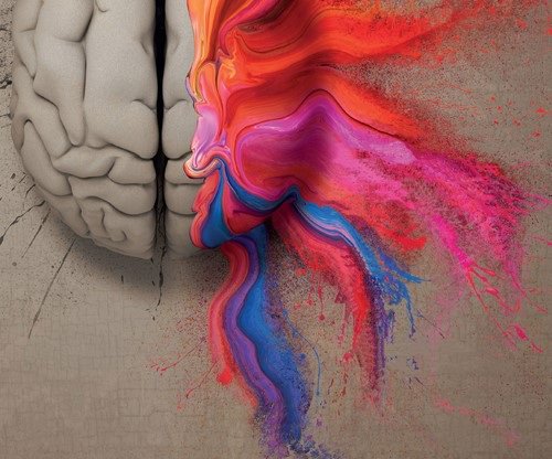 An abstract image of a brain with colourful paint strands