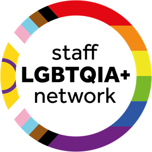 the LGBTQIA+ staff network logo which contains a the progress pride flag in a circle shape with the text 'LGBTQIA+ staff network' in the centre of the circle