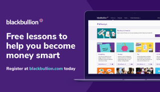 Purple background, Text Blackbullion Free lessons to help you become money smart. image of laptop. 