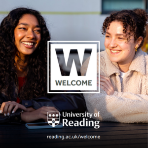 Two students sat on the benches outside the Student Services building. Text: Welcome. University of Reading. reading.ac.uk/welcome