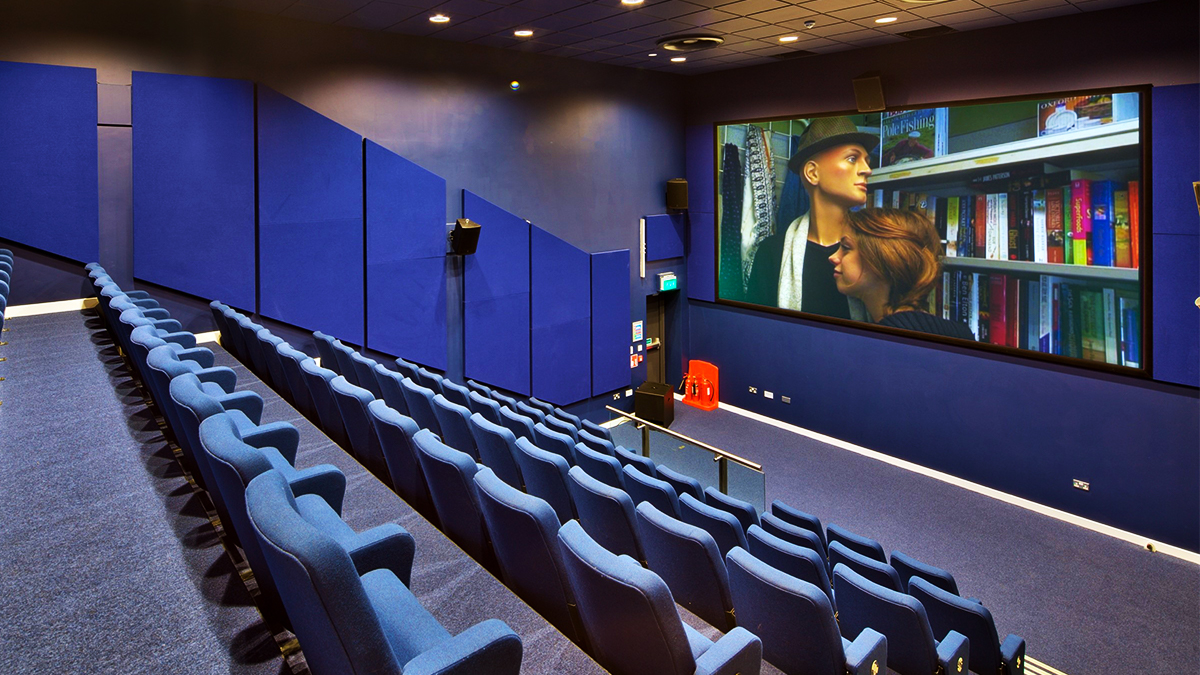 View of Minghella cinema room with seating and screen