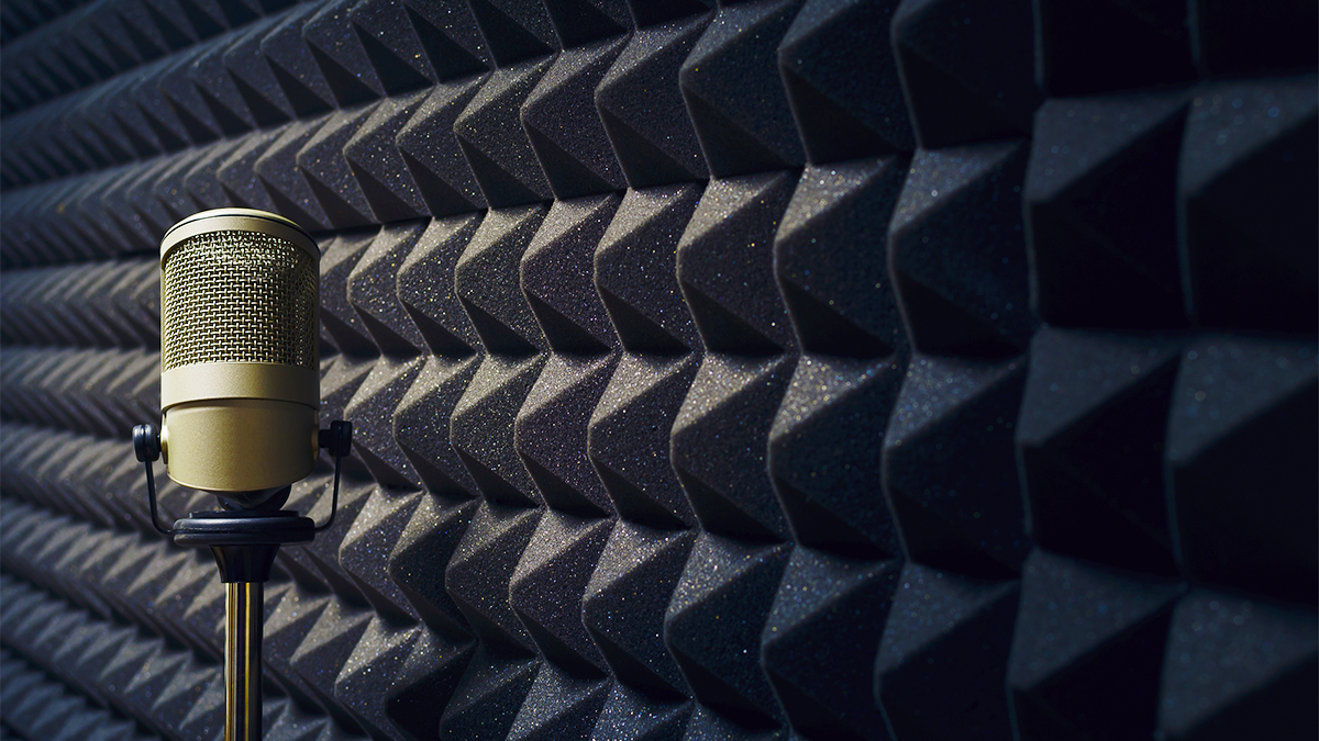 Professional microphone in front of soundproof wall in a recording studio. 