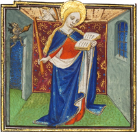 Detail of Saint Genevieve, patron saint of Paris, from the University of Reading Book of Hours
