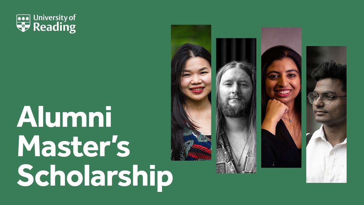 Green background with four photos of students and 'Alumni Master's Scholarship' written on it.