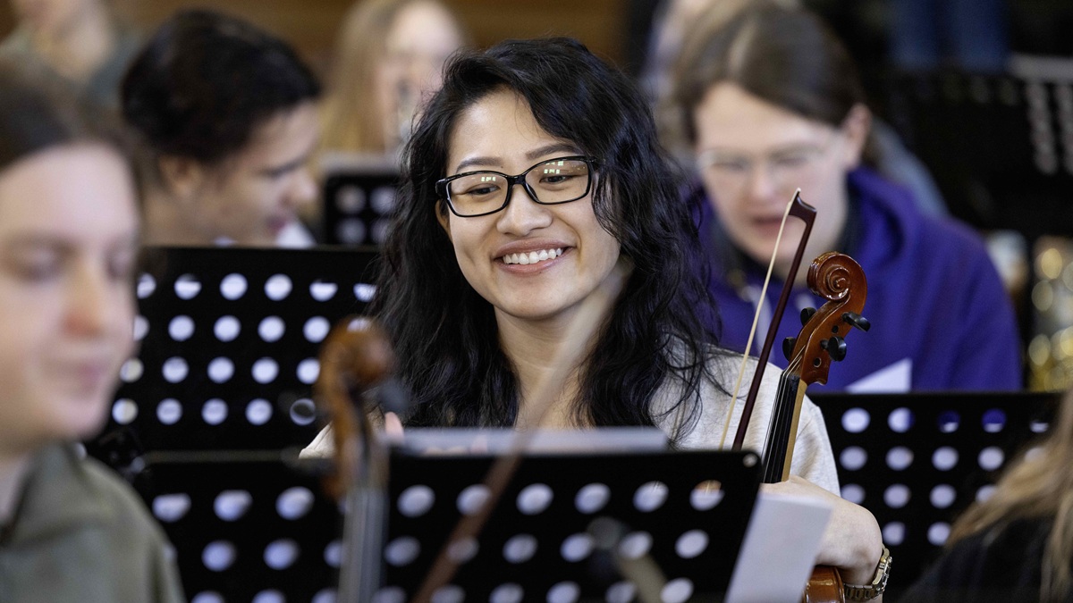 A violinist playing in an orchestra